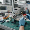 Elektronikmontage af et printkort med komponenter på et moderne produktionsbord
