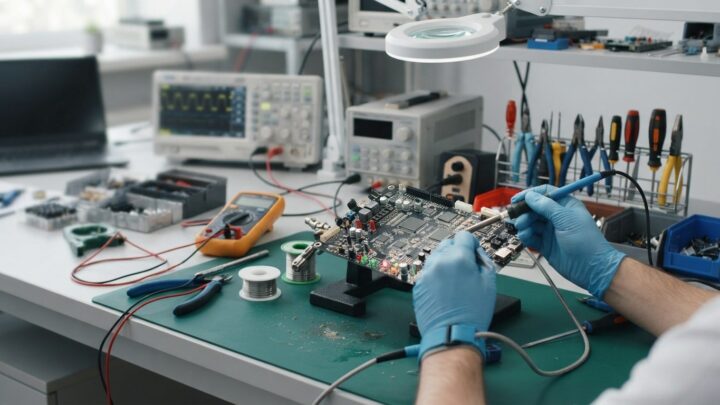 Elektronikmontage af et printkort med komponenter på et moderne produktionsbord