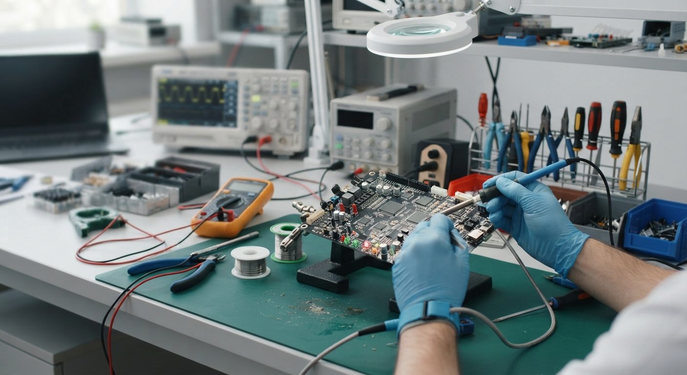 Elektronikmontage af et printkort med komponenter på et moderne produktionsbord