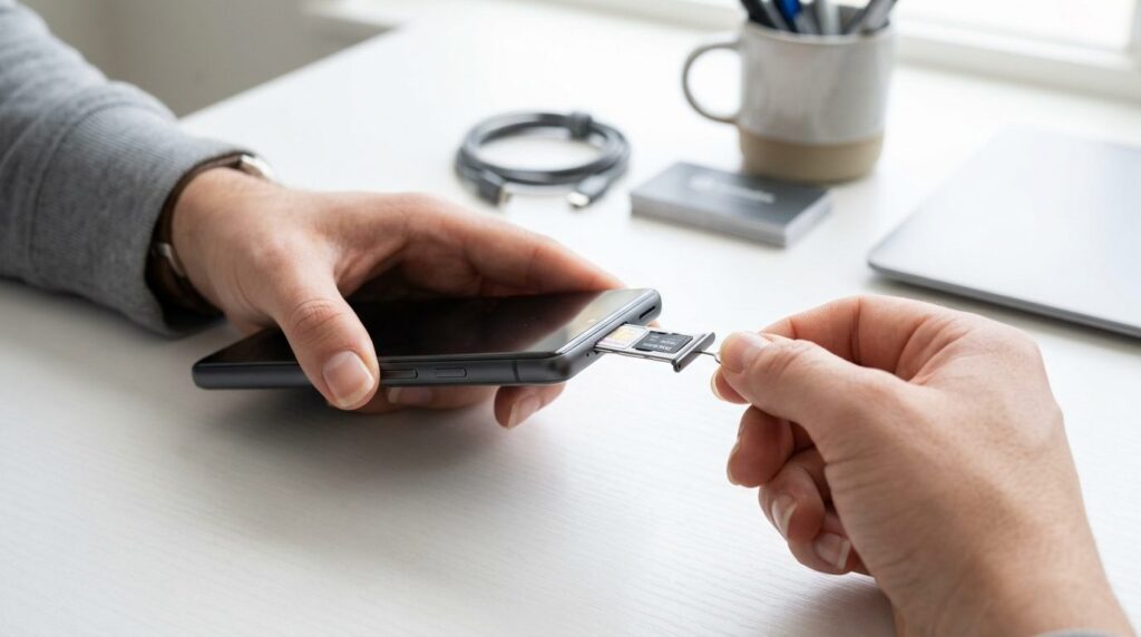 Close-up stock photo of someone removing SIM card and microS