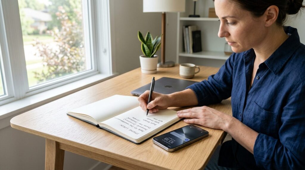 Stock photo of person writing down smartphone login credenti