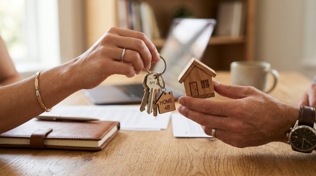 Close-up detail shot of hands holding apartment keys with a