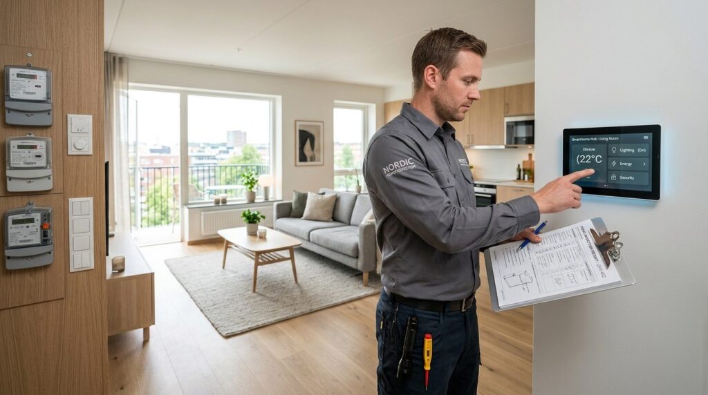 Modern home inspection scene showing professional inspector