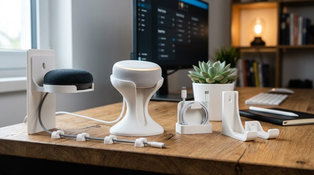 Close-up product shot of white 3D-printed smart home accesso