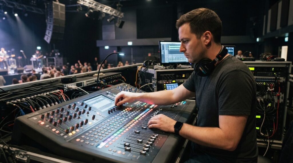 Close-up shot of a sound engineer adjusting mixing console a