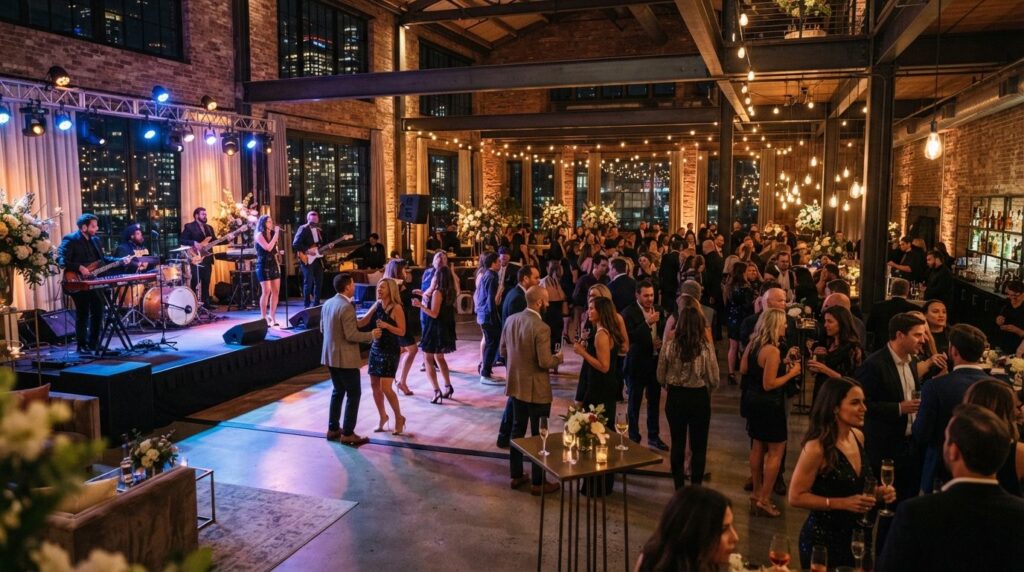Wide shot of a sophisticated birthday party or corporate eve