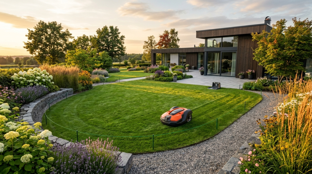 Wide landscape view of a smart garden with robotic lawn mowe
