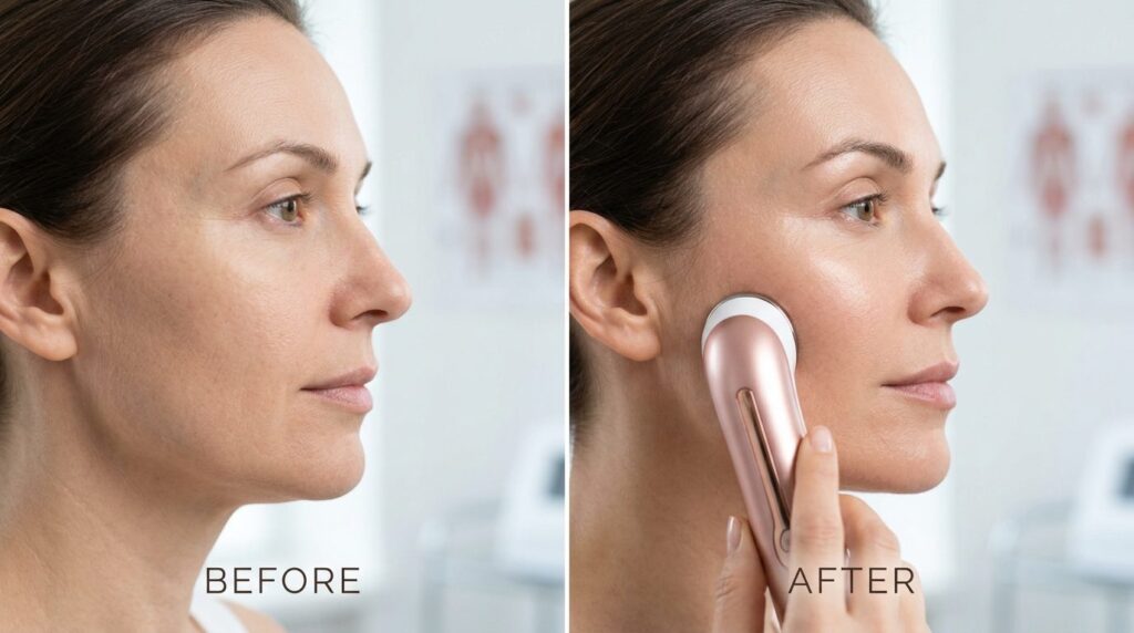 Close-up product shot of a womans face in profile using a r