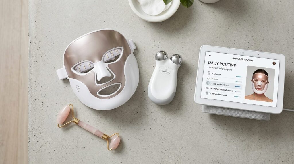 Flat lay overhead view of beauty tech devices on a light gre