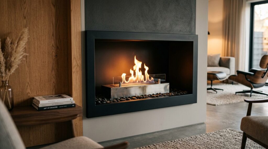 Close-up detailed shot of a bioethanol burner installed in a