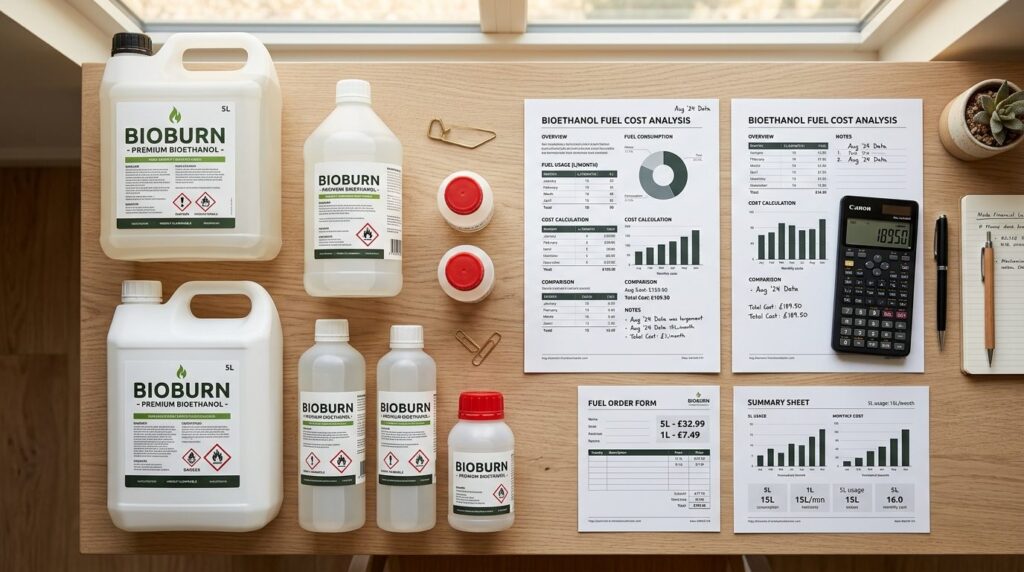 Flat lay overhead view of bioethanol fuel containers in vary