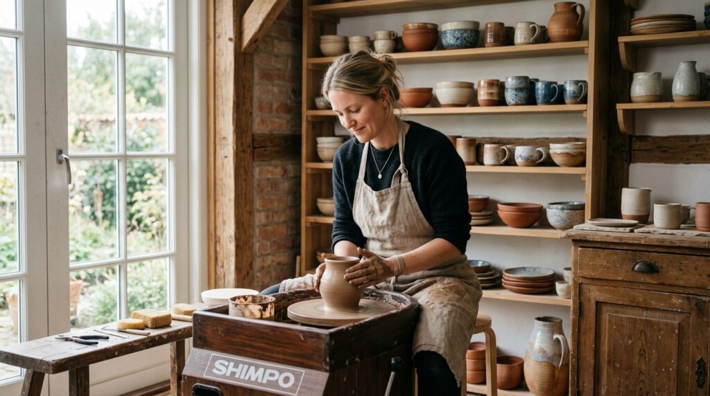 Serene lifestyle photograph of a person at a pottery wheel i