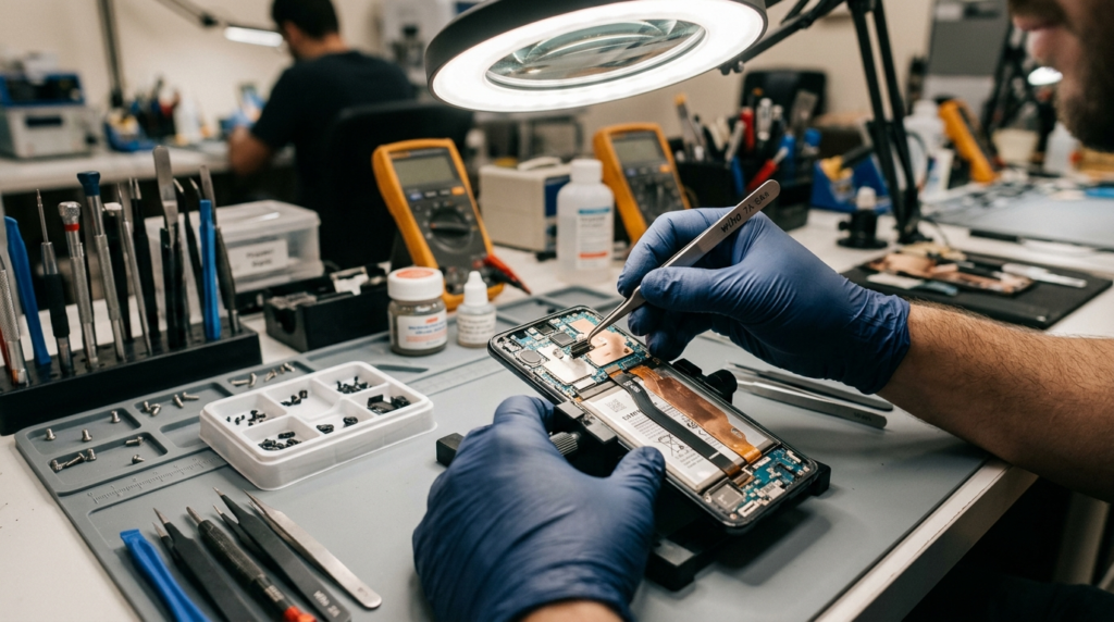 Close-up professional photograph of skilled technician hands