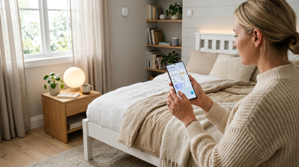 Modern smart home interior showing a Samsung Galaxy phone in