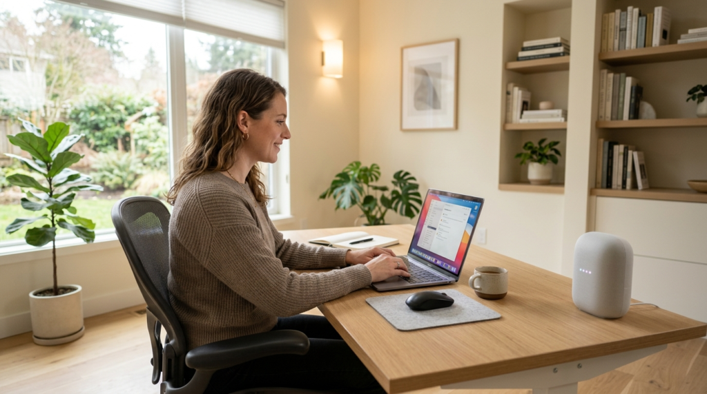 Professional stock photo of a remote worker sitting at a cle