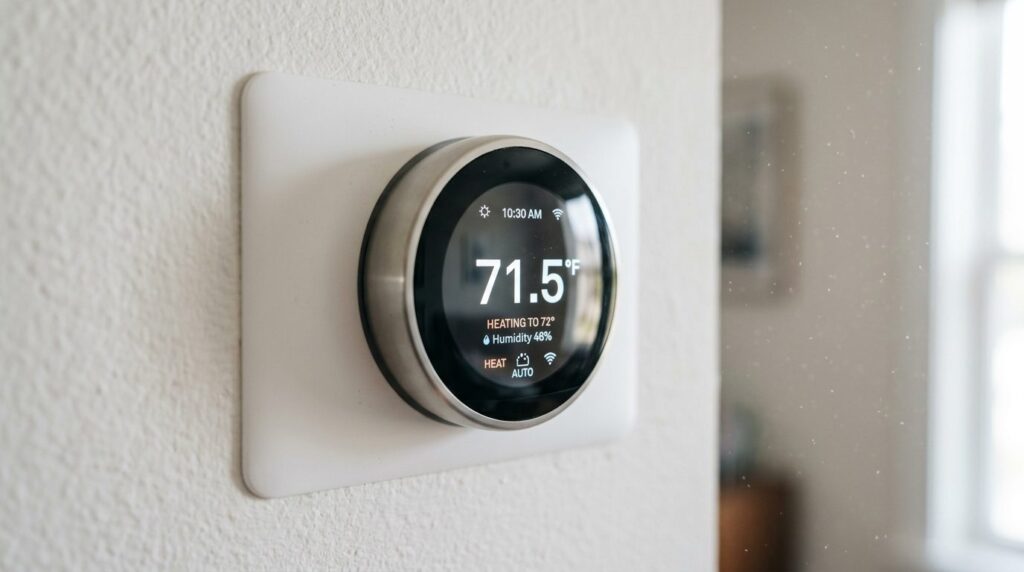 Close-up macro photograph of a smart home thermostat display