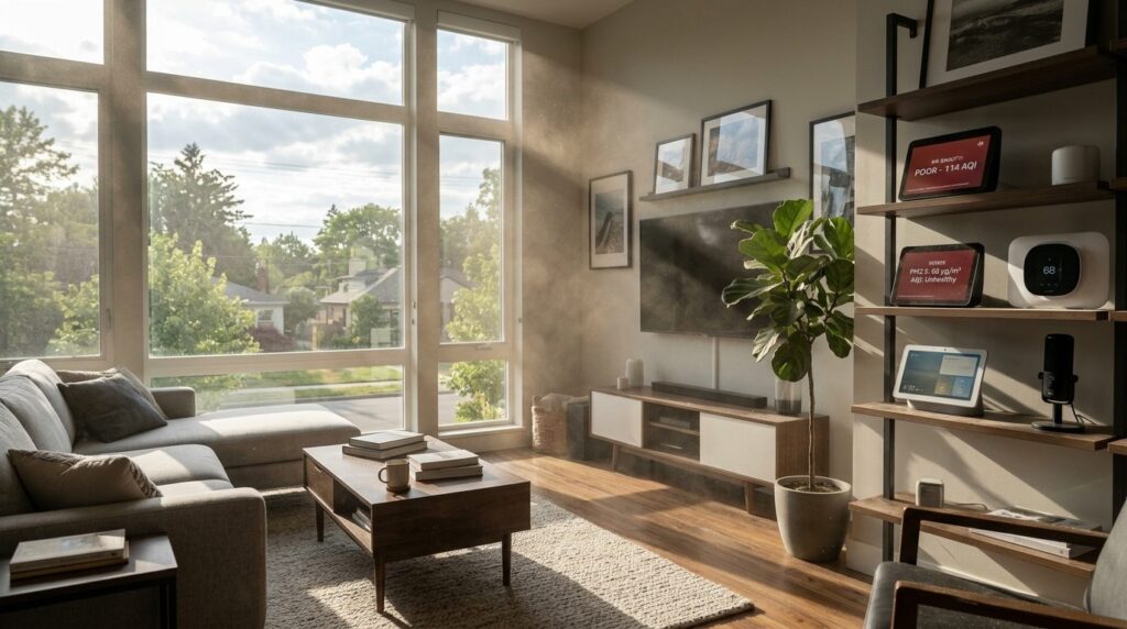 Modern residential living room interior with visible air qua