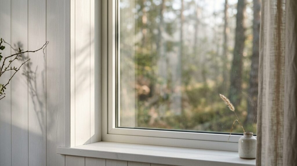 Close-up detail shot of a fixed frame window installation in
