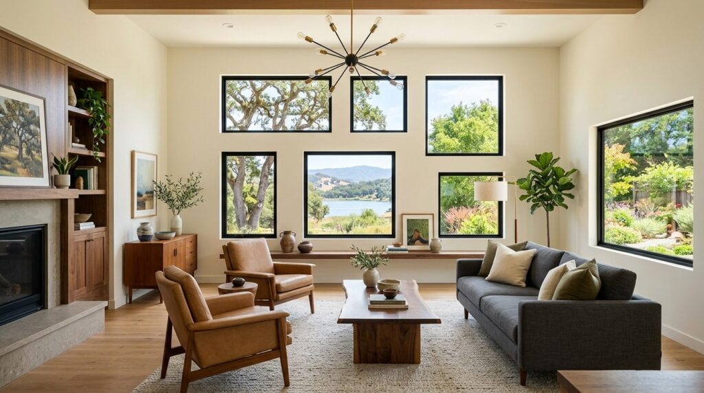 Elegant transitional living space with multiple fixed frame 