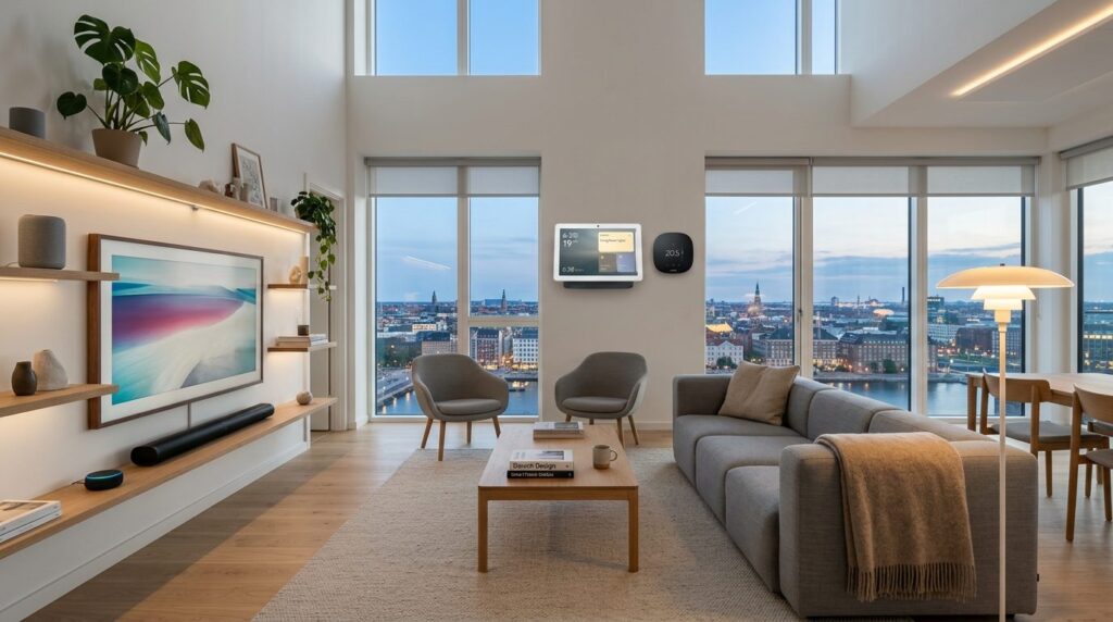 Wide-angle view of a contemporary Danish living room featuri