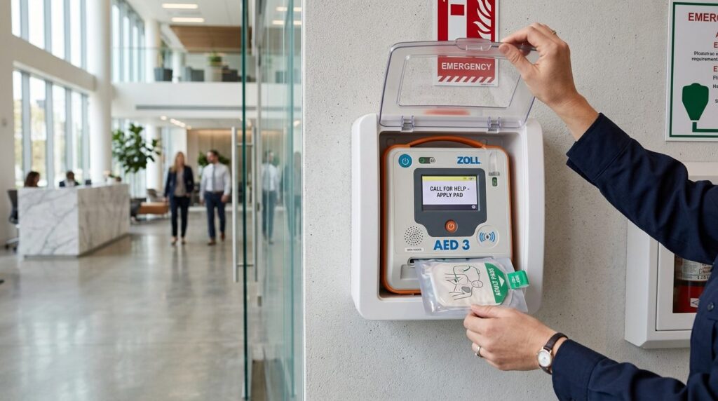 Close-up shot of hands opening a modern AED defibrillator un