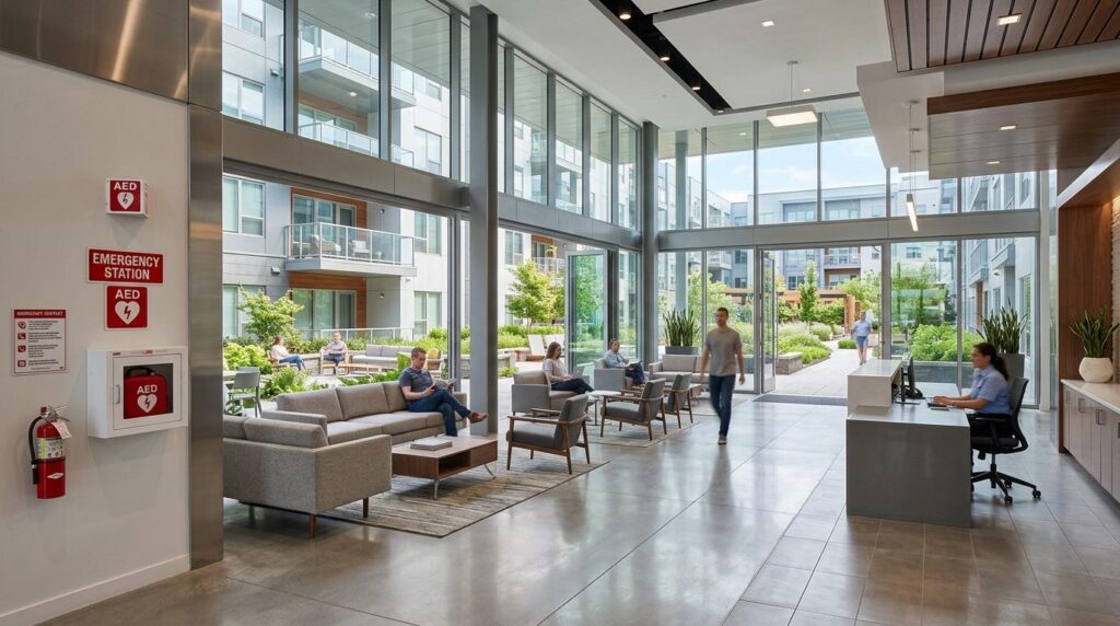 Wide angle view of a smart residential complex common area w