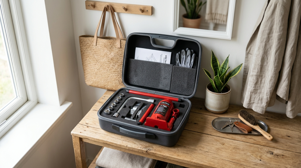 Close-up flat lay of a portable car jack kit with organized 