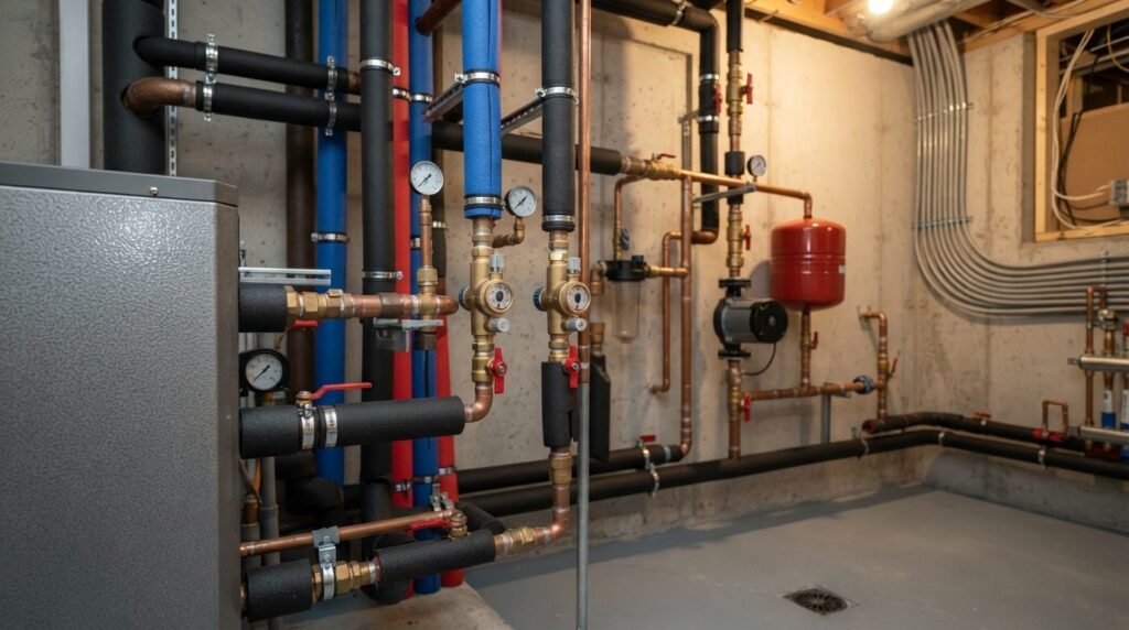 Photorealistic close-up of geothermal heat pump system compo