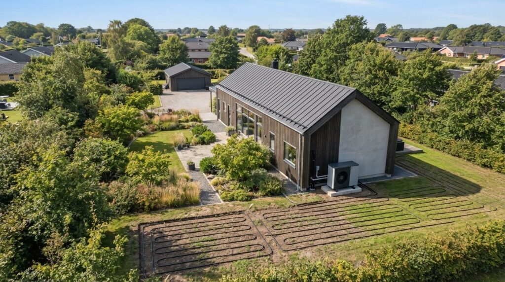 Wide overhead view of residential property showing completed