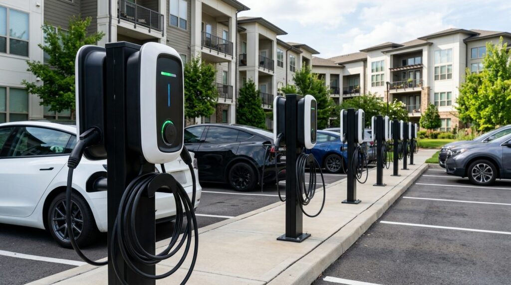 Close-up view of a row of sleek white and black electric veh