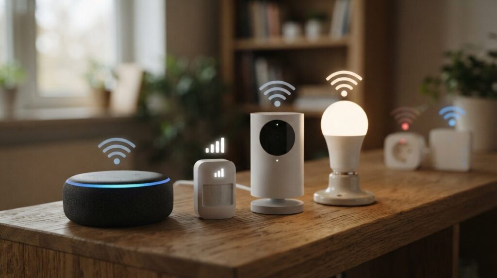 Close-up photorealistic image of various smart home devices
