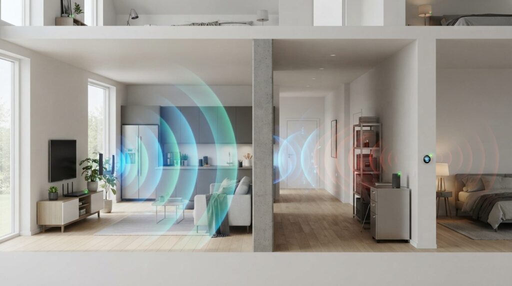 Photorealistic interior shot of a modern home showing WiFi s
