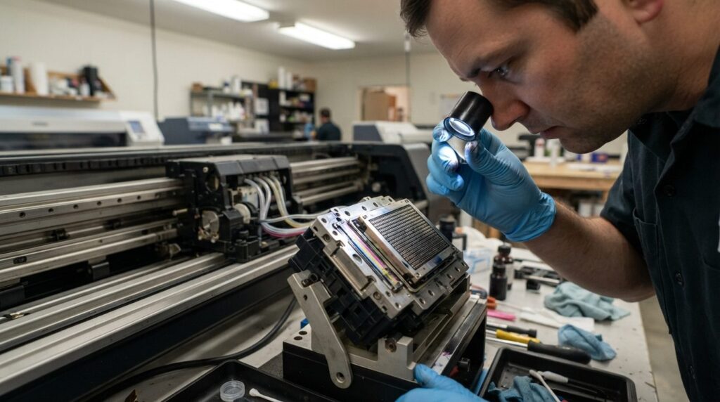 Technician inspecting a wide format plotter printhead with a