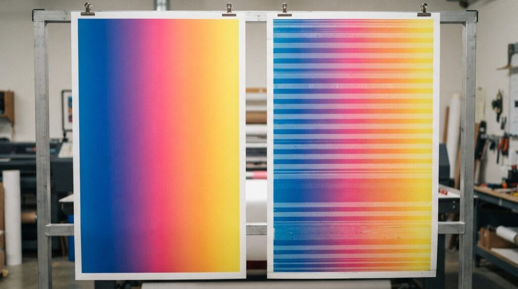 Side by side comparison of two large format printer outputs: