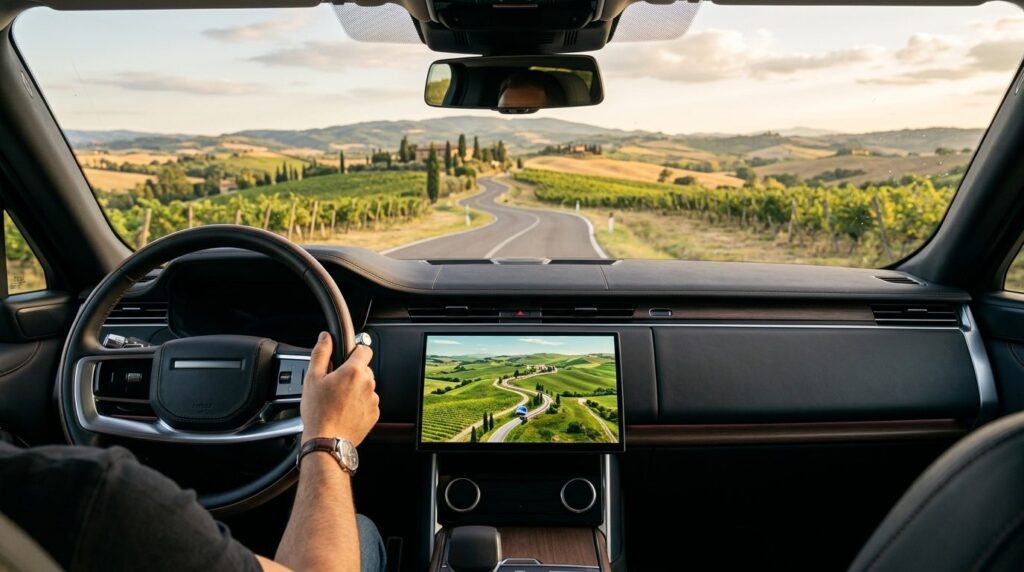 High-quality photograph of a luxury car dashboard with integ