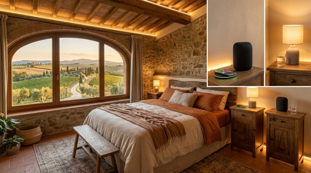 Photorealistic image of a contemporary agriturismo bedroom w
