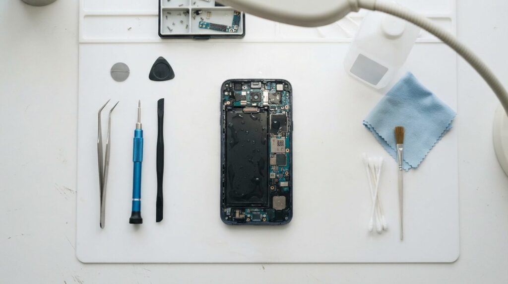 Overhead flat lay composition of a waterlogged Samsung phone