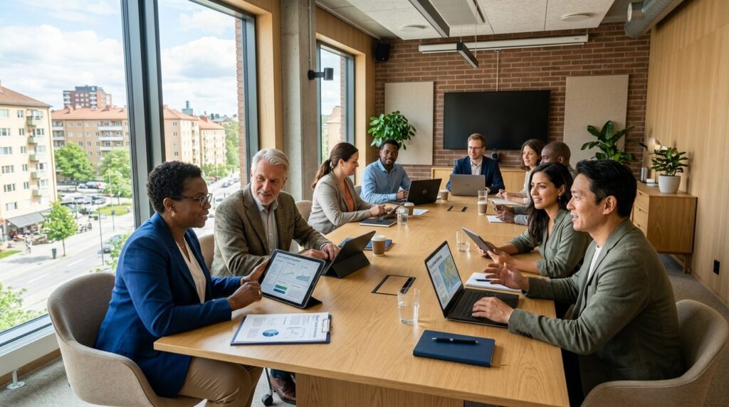 Professional photograph of a housing cooperative board meeti
