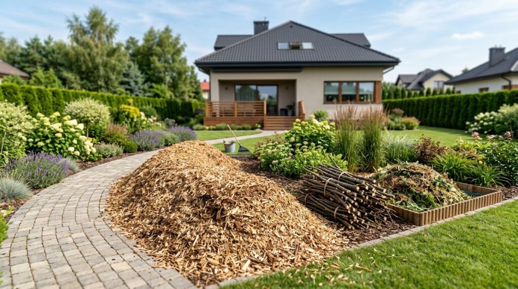 Wide shot of neatly organized wood chips and processed garde