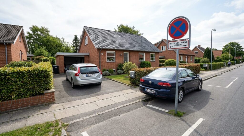 Wide-angle realistic photograph of a residential driveway wi