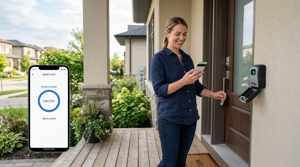 Lifestyle image of a homeowner using smartphone to remotely 