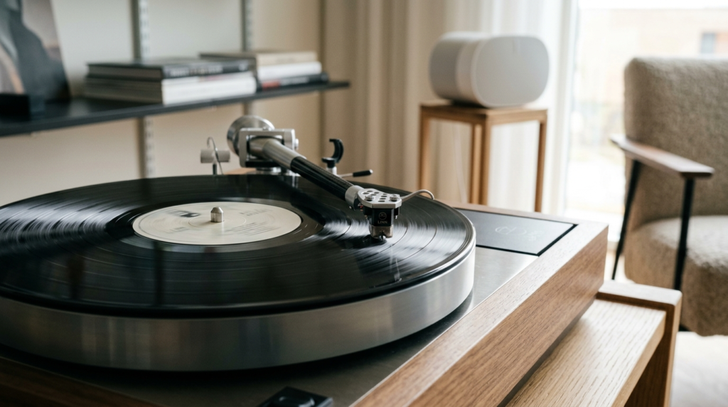Close-up detail shot of a high-fidelity turntables tonearm 