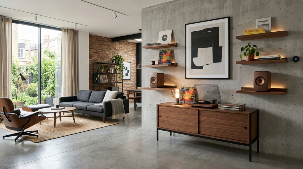 Wide shot of a minimalist smart living room interior featuri