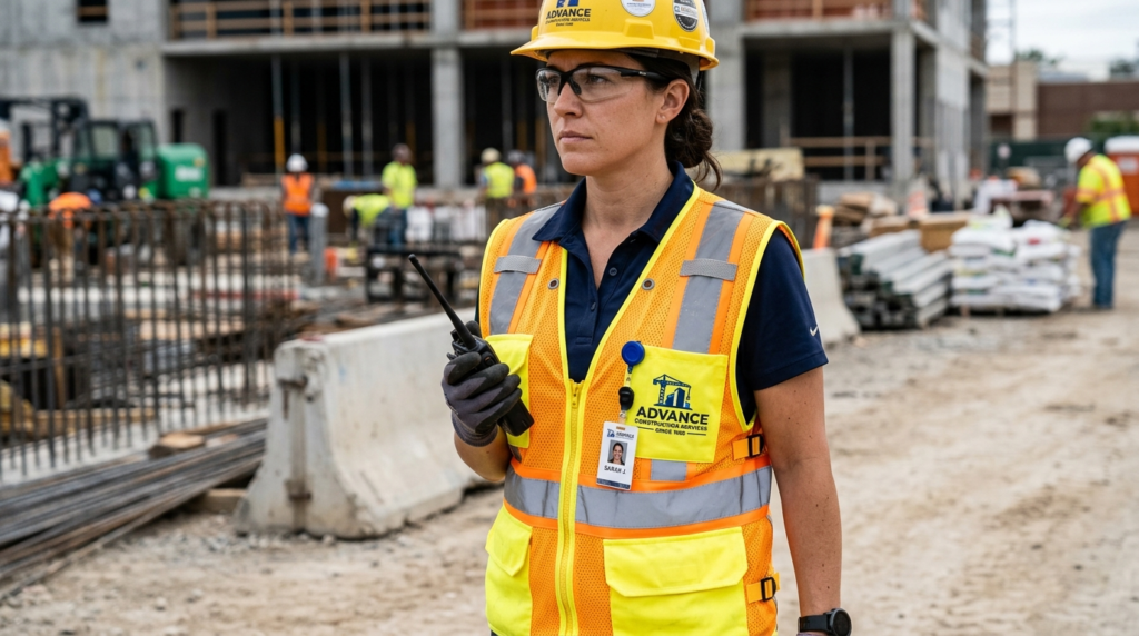 Close-up detail shot of a construction worker wearing a bran