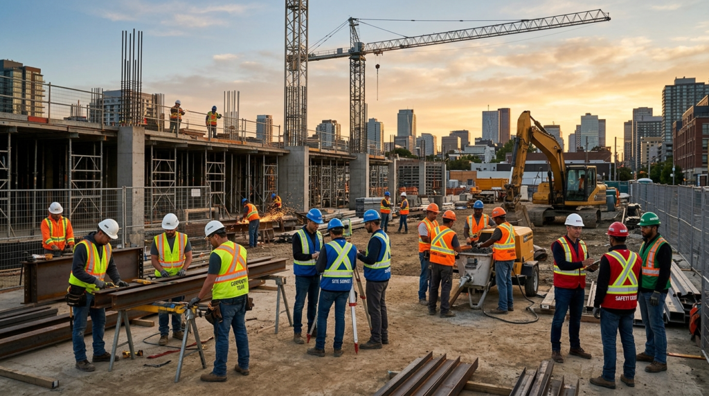 Modern construction site with multiple workers in different 