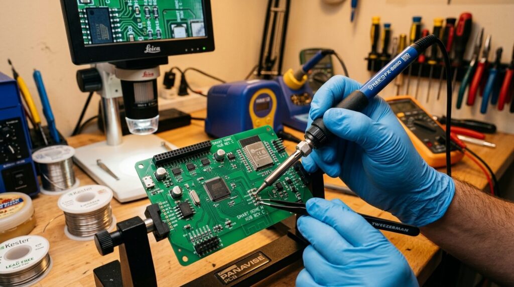 Close-up of skilled hands soldering a circuit board from a s