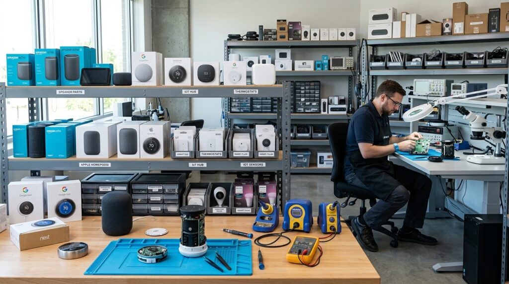 Organized electronics repair workshop with various smart hom