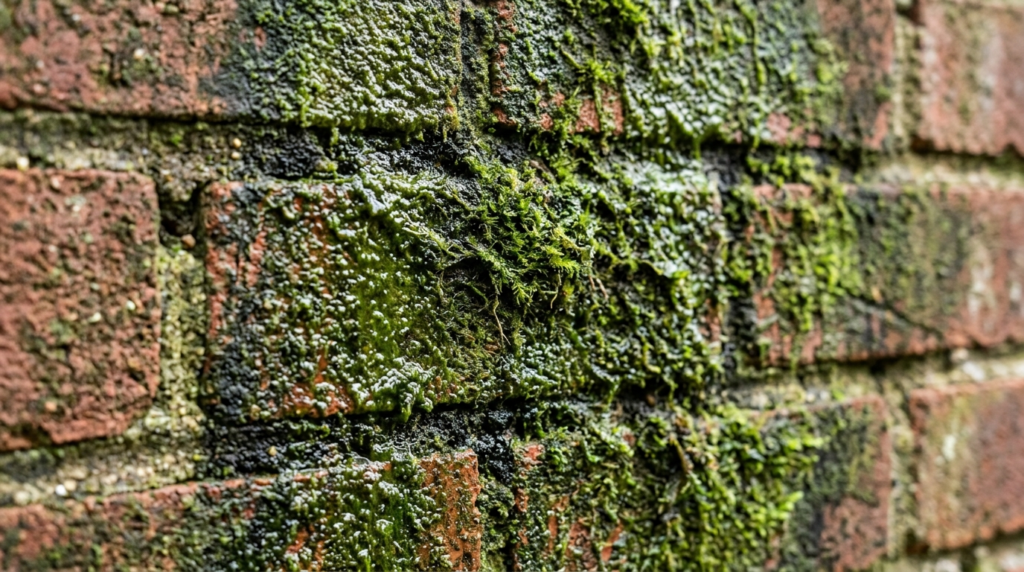 Close-up detail shot of green algae and moss growth on house
