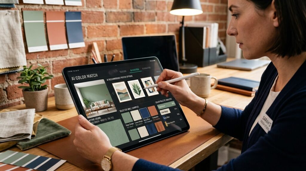 Close-up of a designer using digital tablet with AI color ma
