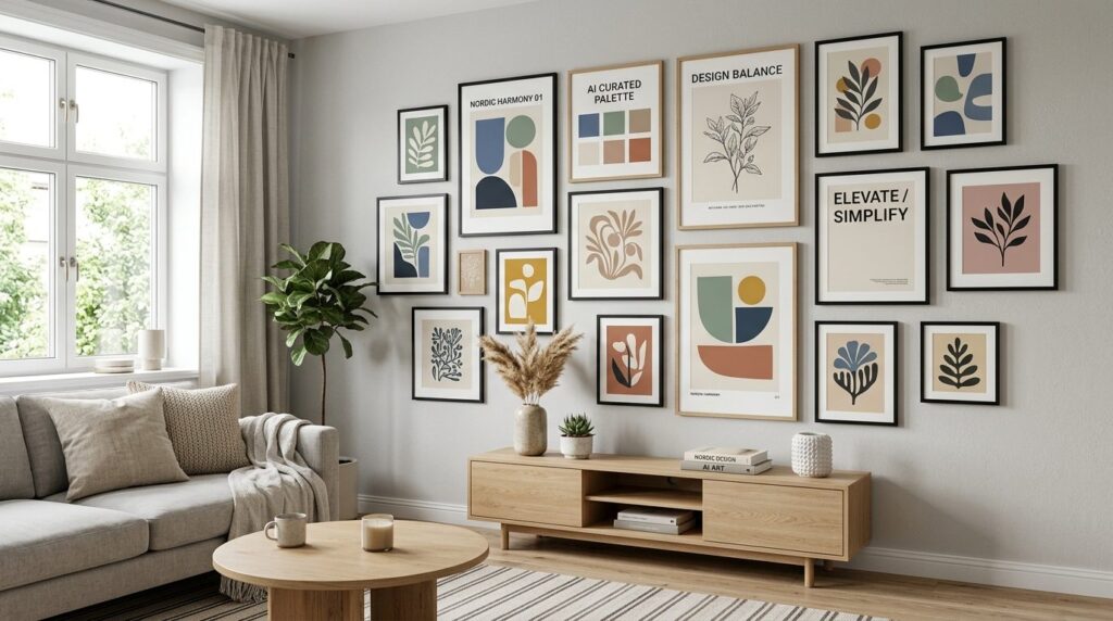 Scandinavian living room wall gallery with multiple framed p